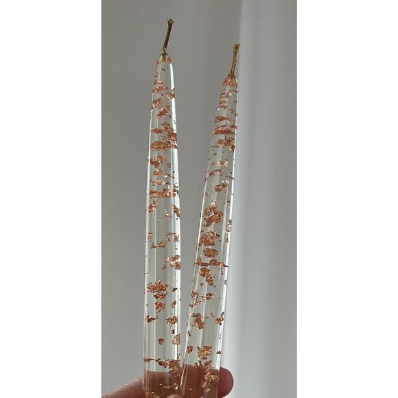 Vintage MCM Clear Lucite Taper Candles With Rose Gold Copper Flakes 8” Pair - Picture 3 of 7